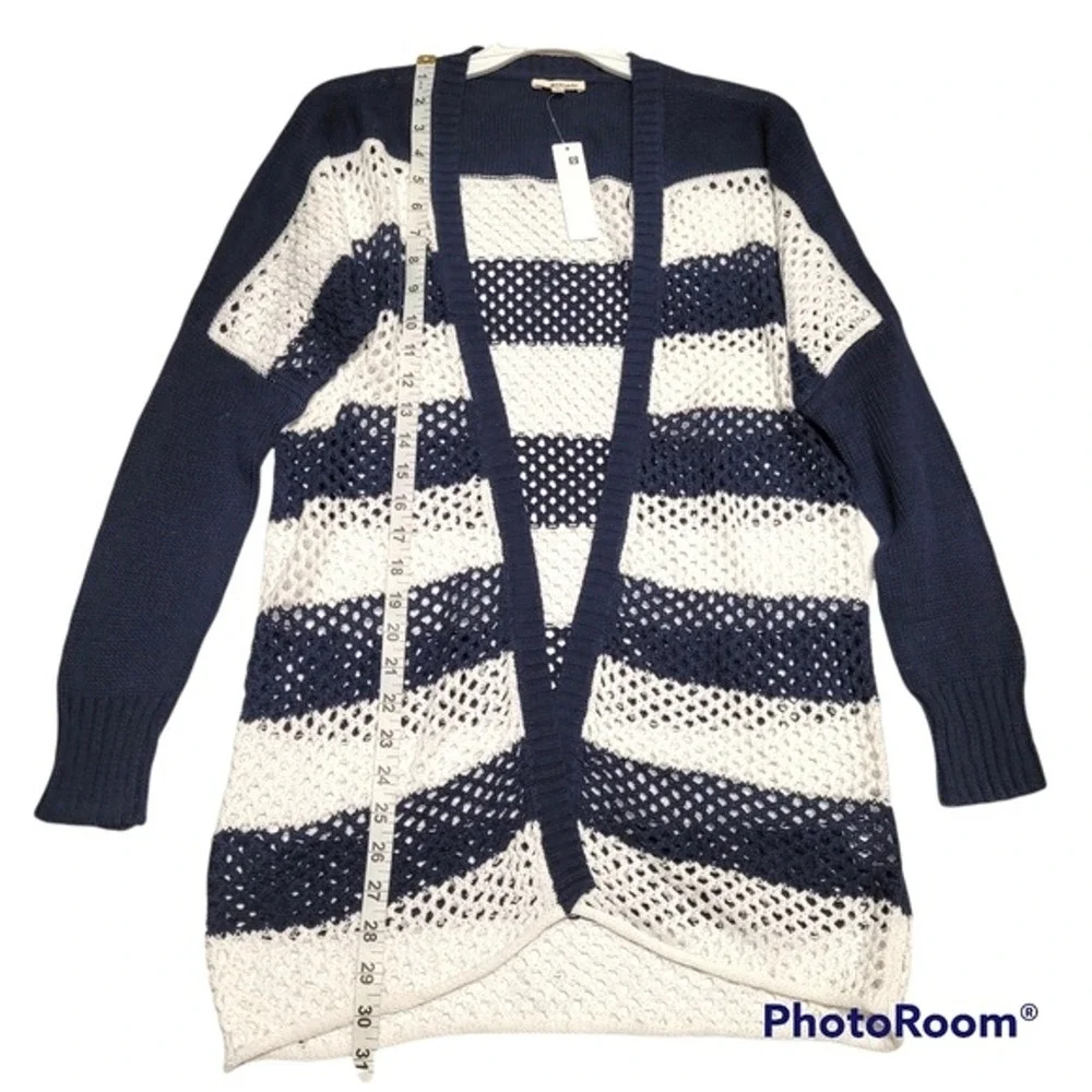 Lamade Navy Blue And White Striped Nautical Open Front‎ Knit Beachy Cardigan XS